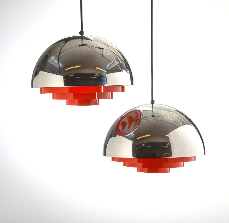 Small Chandeliers for Compact RoomsSmall Chandeliers for Compact RoomsA pair of original polished chrome and orange steel "Milieu" ceiling lights by Jo Hammerborg Small Chandeliers for Compact RoomsSmall Chandeliers for Compact RoomsA pair of original polished chrome and orange steel "Milieu" ceiling lights by Jo Hammerborg