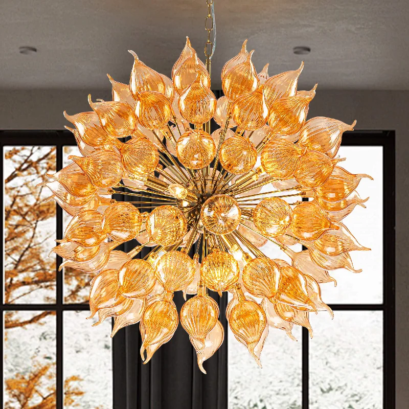 Minimalist Chandeliers for Sleek and Simple InteriorsMinimalist Chandeliers for Sleek and Simple InteriorsSputnik Shape Blown Glass Chandelier Orange Dandelion