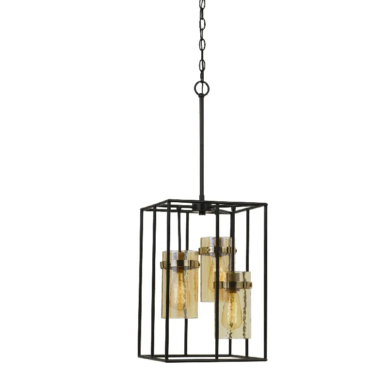 Mid - Century Modern Chandeliers for Vintage AppealMid - Century Modern Chandeliers for Vintage AppealRectangular Open Cage Design Pendant With Cylindrical Glass Shade, Black By Benzara Mid - Century Modern Chandeliers for Vintage AppealMid - Century Modern Chandeliers for Vintage AppealRectangular Open Cage Design Pendant With Cylindrical Glass Shade, Black By Benzara