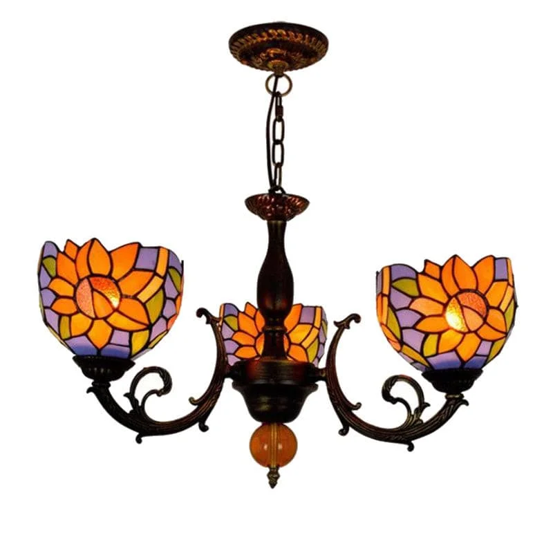 Chandeliers with Metal Frames in Copper FinishChandeliers with Metal Frames in Copper FinishTiffany Style Chandelier Three Arms Antique Design Stained Glass