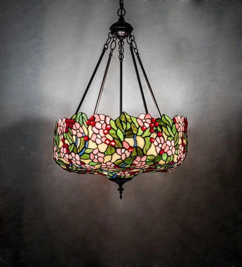 Gothic Ceiling Lights with Dark Metalwork and Pointed ArchesGothic Ceiling Lights with Dark Metalwork and Pointed ArchesMeyda Lighting 232776 20" Wide Tiffany Cherry Blossom Inverted Pendant