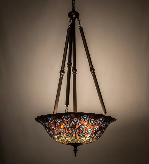 Victorian - Inspired Ceiling Lights with Ornate Crystal ChandeliersVictorian - Inspired Ceiling Lights with Ornate Crystal ChandeliersMeyda Lighting 26549 24"W Tiffany Peacock Feather Inverted Pendant
