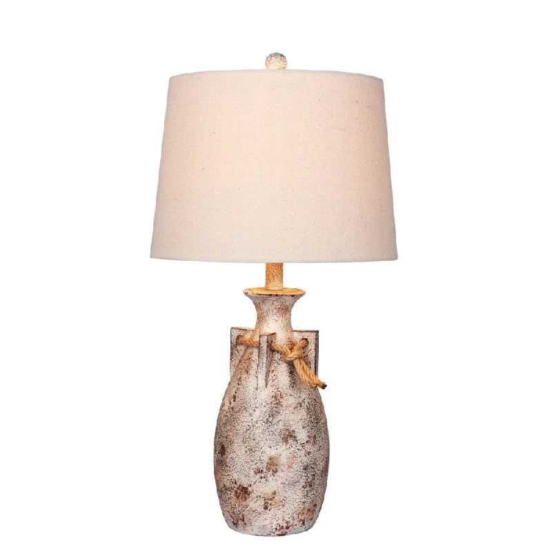 wooden table lamps with natural grain for a warm and organic feelwooden table lamps with natural grain for a warm and organic feelFangio Lighting's #6250AWH 27.5 in. Distressed Jug w/Rope Collar Resin Table Lamp in Antique White